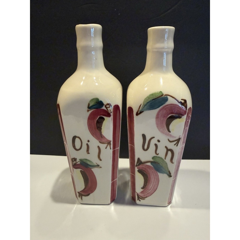 Set of Purinton Pottery Tall Vinegar & Oil Apple-Decorated Ceramic Bottles